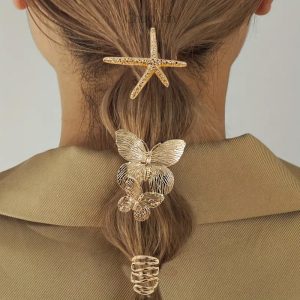 European and American Model Alloy Ponytail Hair Ties for Girls – Starfish and Butterfly Spring Design Set