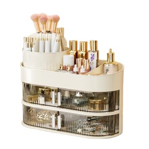 Spacious Rotating Make-up Organizer with Drawer – Desktop Cosmetics Storage Field for Brushes